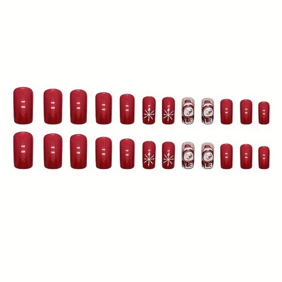24pcs Glossy Medium Square Fake Nails, Aurora Red Press On Nails With Snowflake - Picture 5 of 8